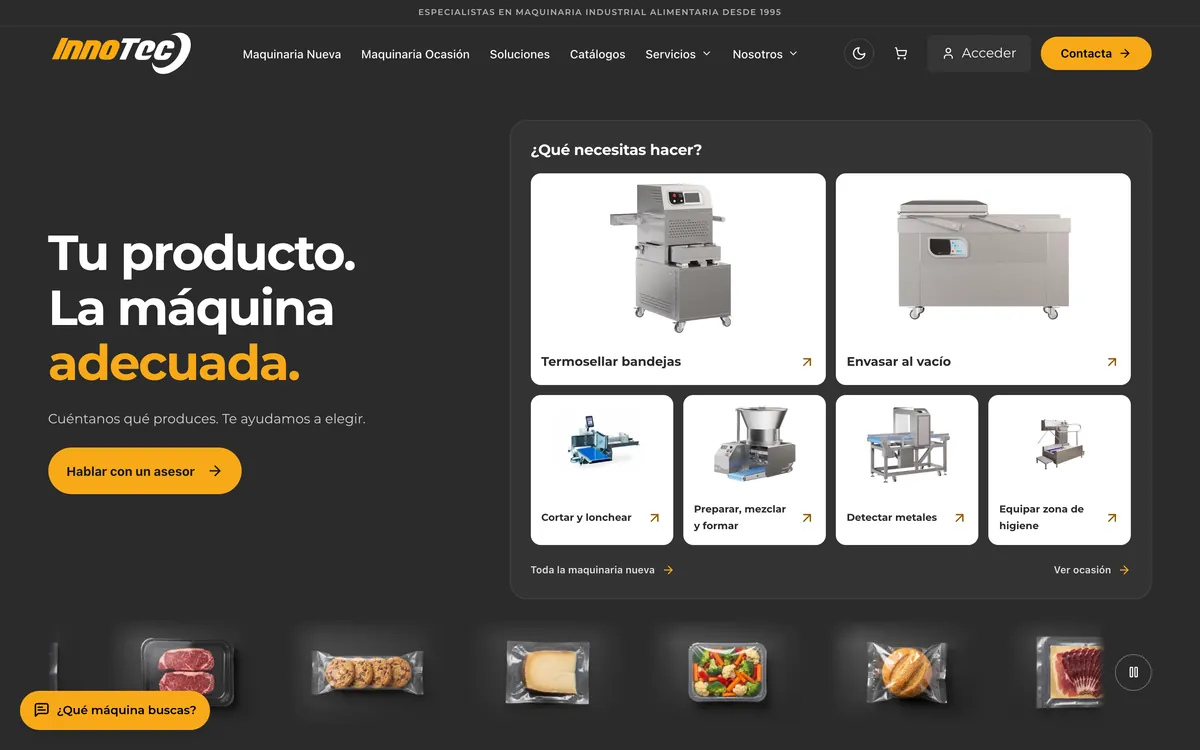 Portada de innotecfood.com con el selector «¿Qué necesitas hacer?»