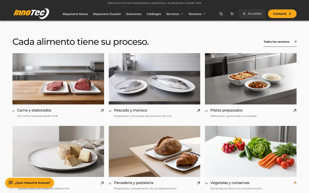 Sección «Cada alimento tiene su proceso» con seis sectores