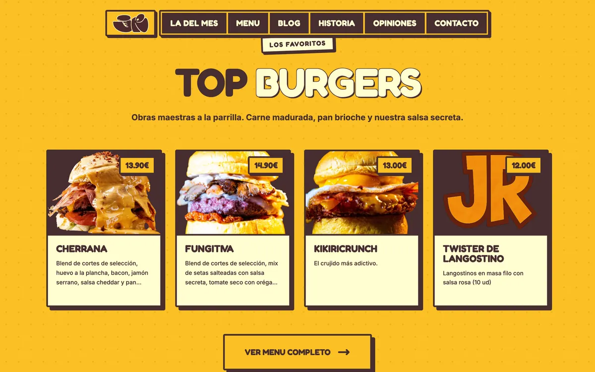 Sección «Top Burgers» de jrburger.es con cuatro hamburguesas y sus precios