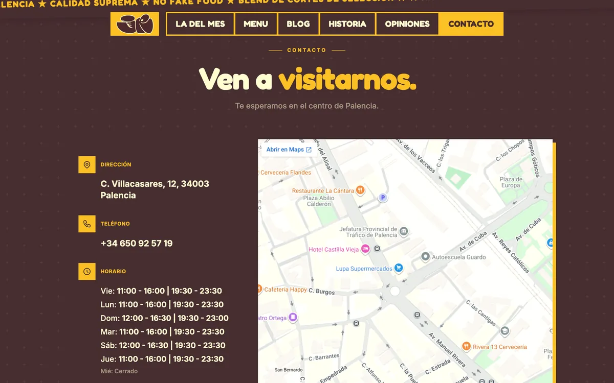 Sección «Ven a visitarnos» con dirección, horario y mapa