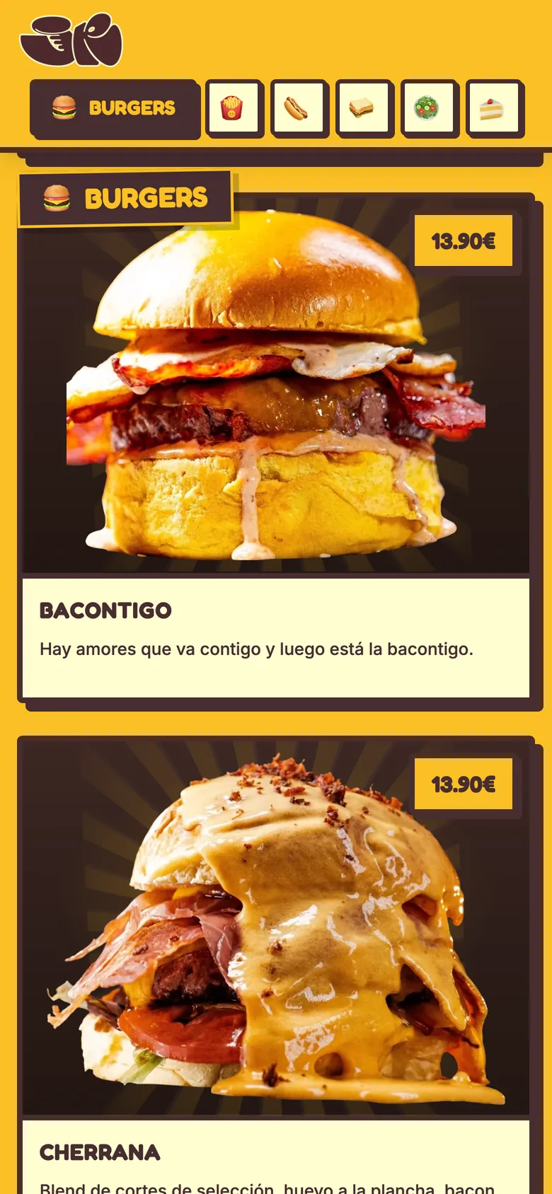 Carta de jrburger.es en móvil con pestañas de categoría