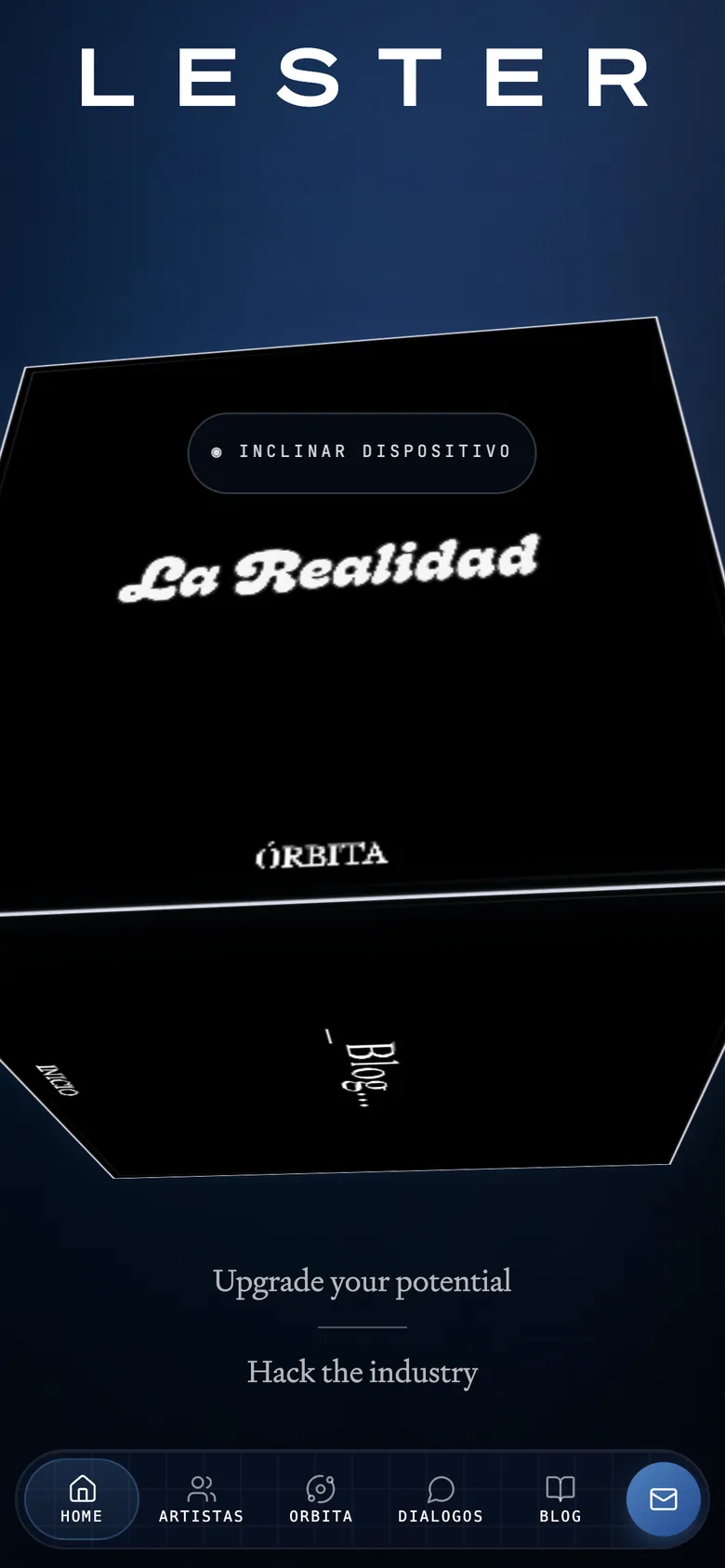 Portada de lestermusic.com en móvil con el cubo y el dock de navegación